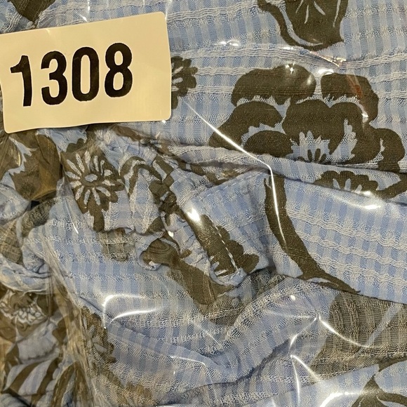 LOFT Petite Garden Ruffle Neck Shirt Dimensions in photos blue black white - Picture 8 of 8